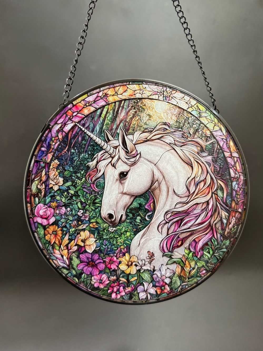 Mystical Unicorn with Flowers in the Forest Stained Glass Hanging Suncatcher